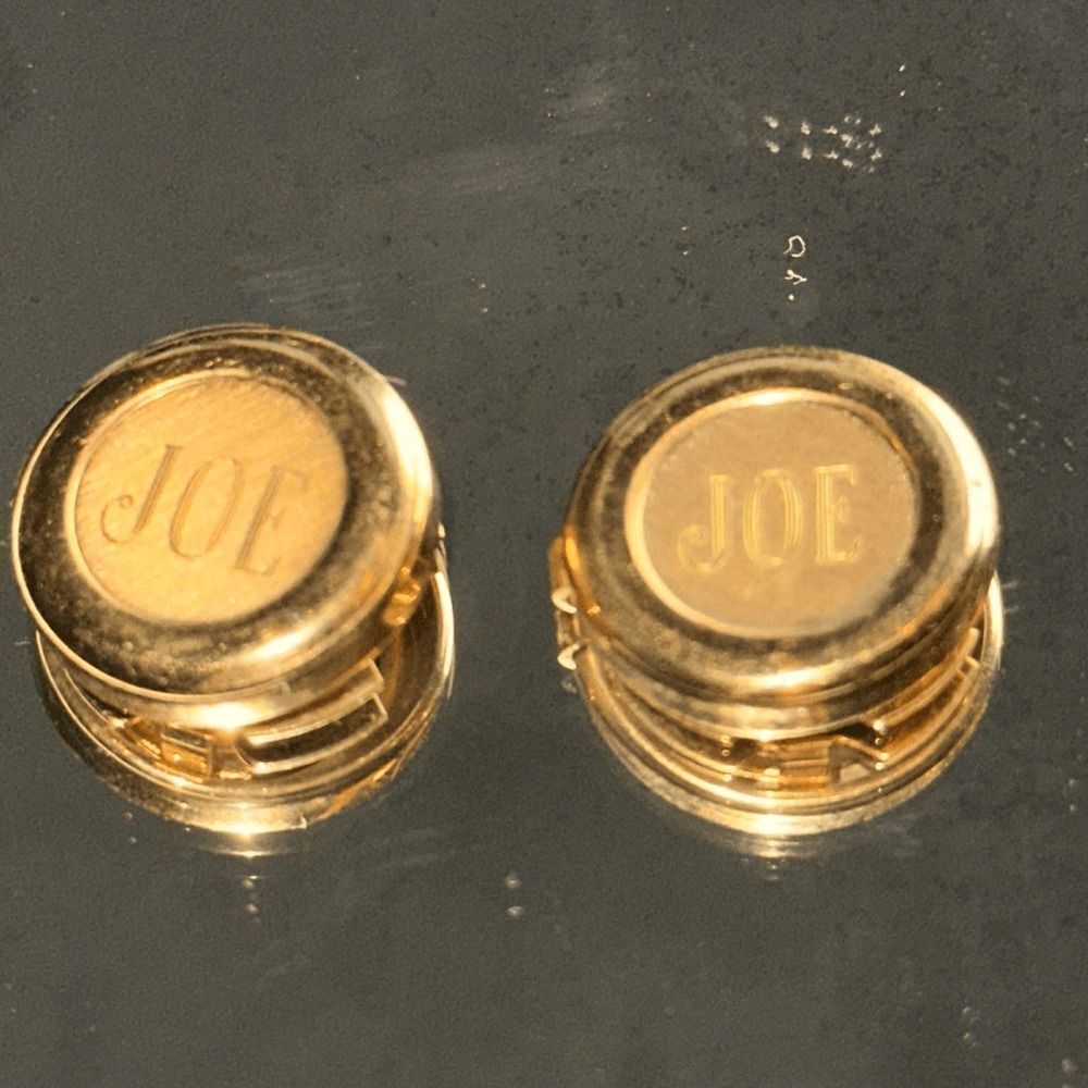Two Vintage 14 karat gold filled men’s button covers engraved with JOE